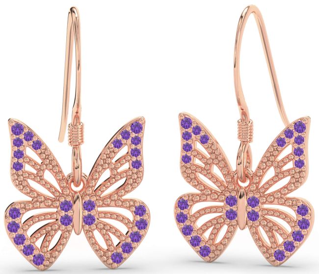 Amethyst Rose Gold Butterfly Dangle Earrings