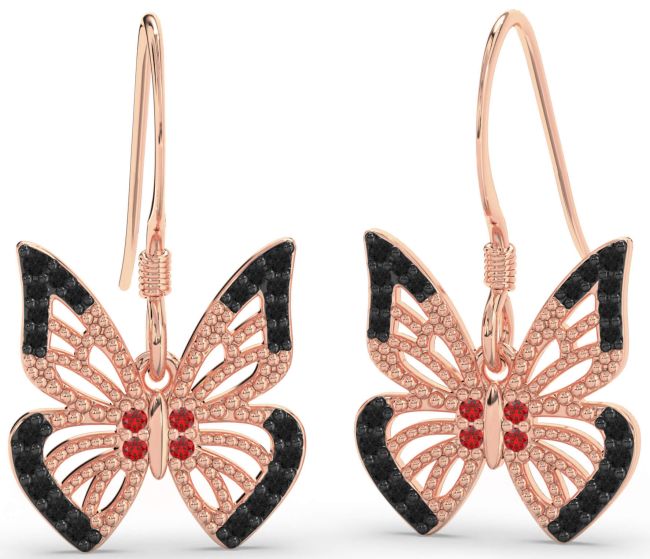Black Diamond & Ruby Rose Gold Butterfly Dangle Earrings