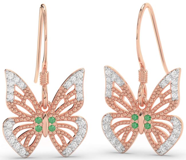 Emerald & Diamond Rose Gold Silver Butterfly Dangle Earrings