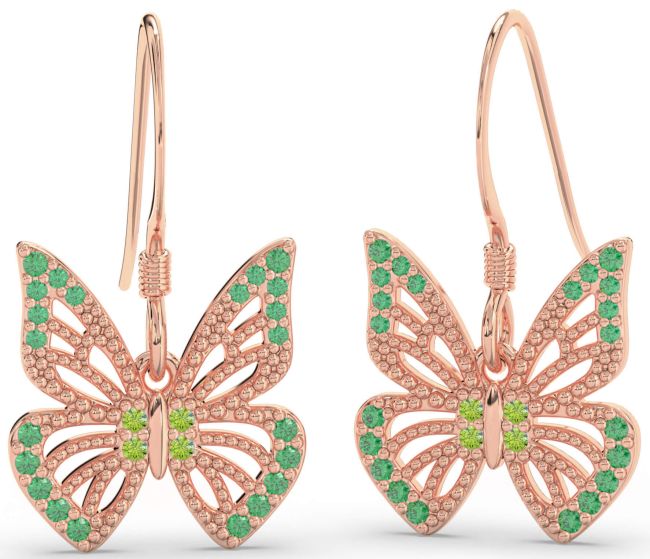 Emerald & Peridot Rose Gold Butterfly Dangle Earrings