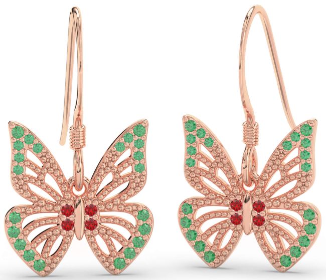 Emerald & Ruby Rose Gold Butterfly Dangle Earrings