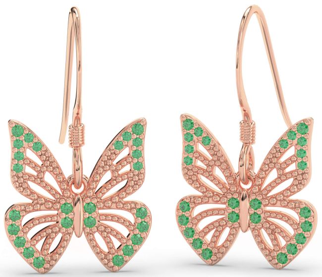 Emerald Rose Gold Butterfly Dangle Earrings