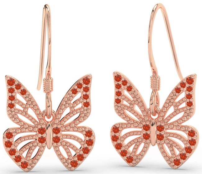 Fire Opal Rose Gold Silver Butterfly Dangle Earrings