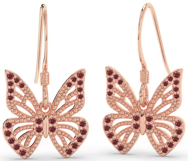 Garnet Rose Gold Butterfly Dangle Earrings