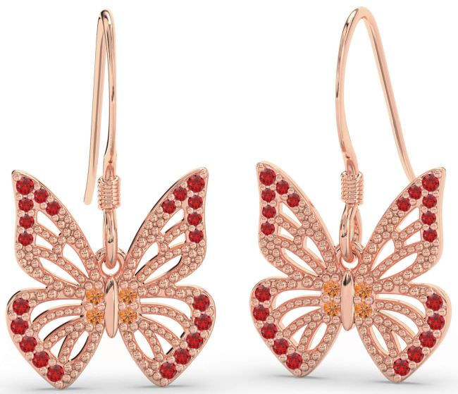 Ruby & Citrine Rose Gold Butterfly Dangle Earrings
