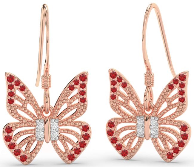 Diamond & Ruby Rose Gold Butterfly Dangle Earrings