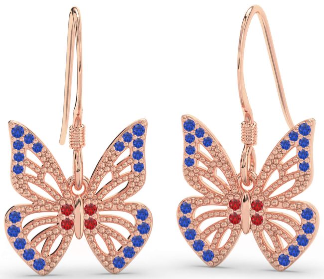 Blue Sapphire & Ruby Rose Gold Silver Butterfly Dangle Earrings