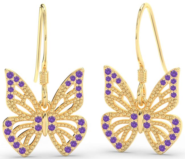 Amethyst Gold Silver Butterfly Dangle Earrings