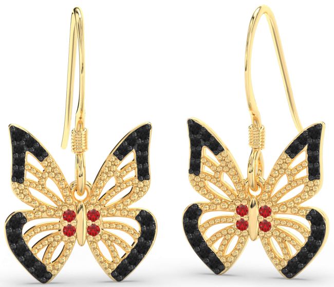 Black Diamond & Ruby Gold Butterfly Dangle Earrings