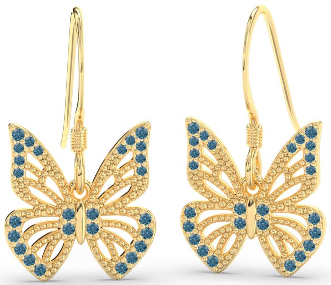 Blue Diamond Gold Silver Butterfly Dangle Earrings
