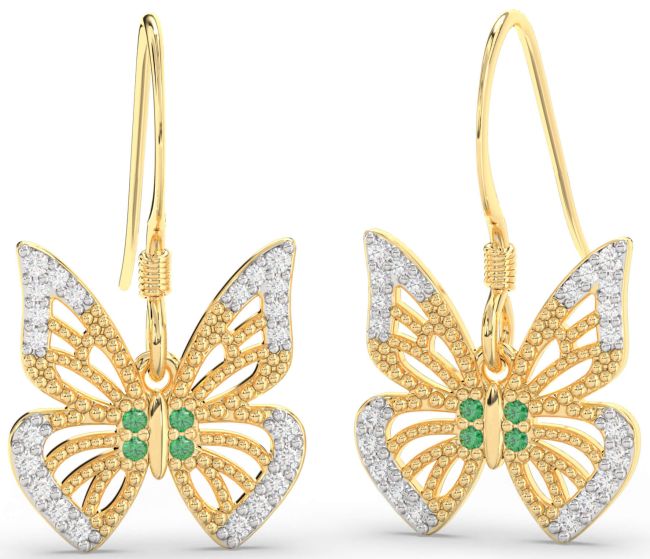 Emerald & Diamond Gold Silver Butterfly Dangle Earrings