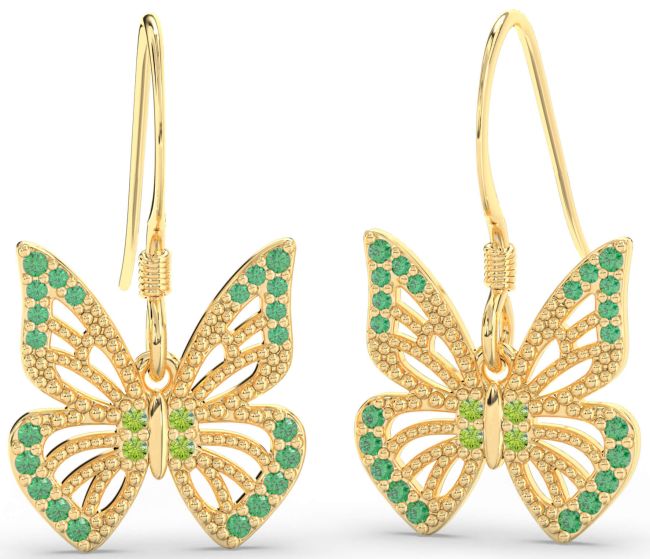 Emerald & Peridot Gold Butterfly Dangle Earrings