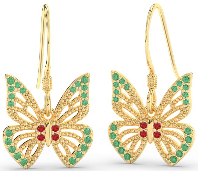 Emerald & Ruby Gold Silver Butterfly Dangle Earrings