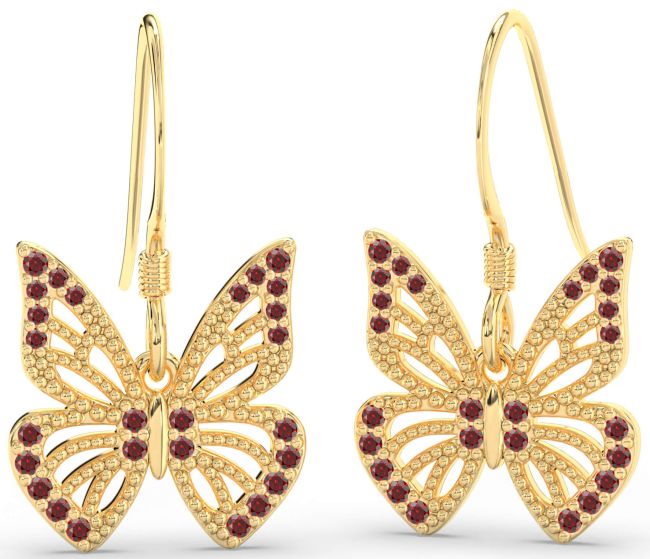 Garnet Gold Silver Butterfly Dangle Earrings