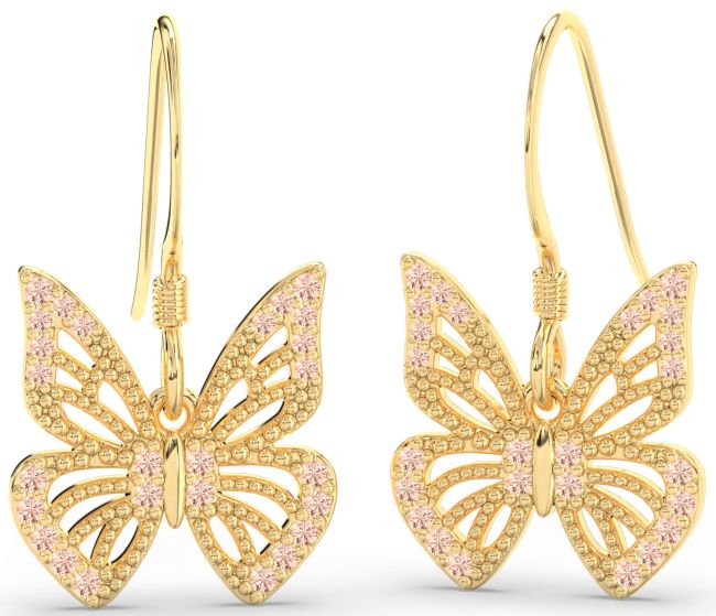 Morganite Gold Silver Butterfly Dangle Earrings
