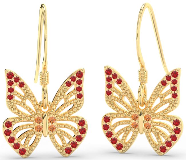 Ruby & Citrine Gold Silver Butterfly Dangle Earrings