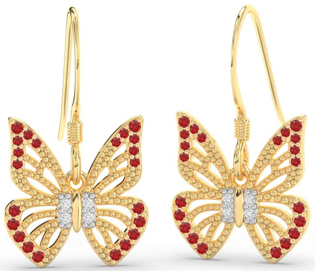 Diamond & Ruby Gold Silver Butterfly Dangle Earrings