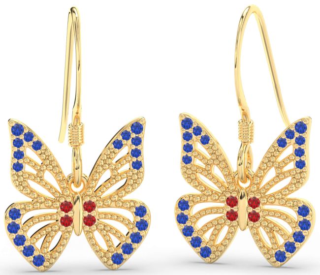 Blue Sapphire & Ruby Gold Butterfly Dangle Earrings