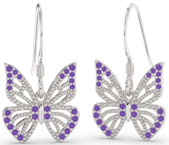 Amethyst Silver Butterfly Dangle Earrings