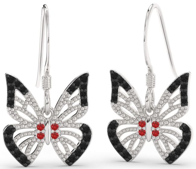 Black Diamond & Ruby Platinum Butterfly Dangle Earrings