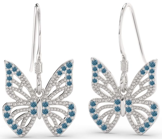 Blue Diamond Platinum Butterfly Dangle Earrings