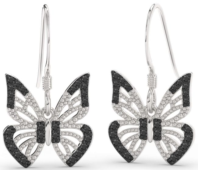 Black Onyx Silver Butterfly Dangle Earrings