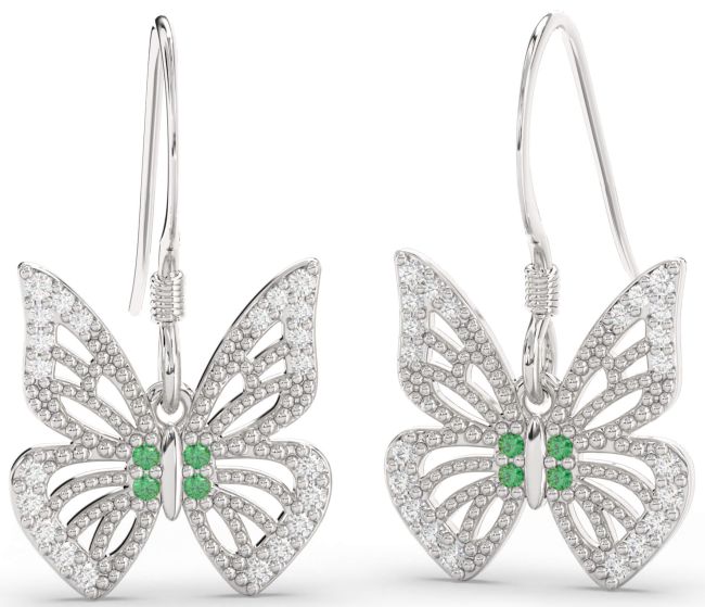 Emerald & Diamond Platinum Butterfly Dangle Earrings