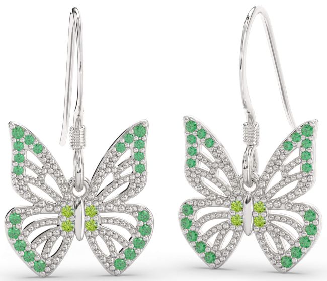 Emerald & Peridot White Gold Butterfly Dangle Earrings