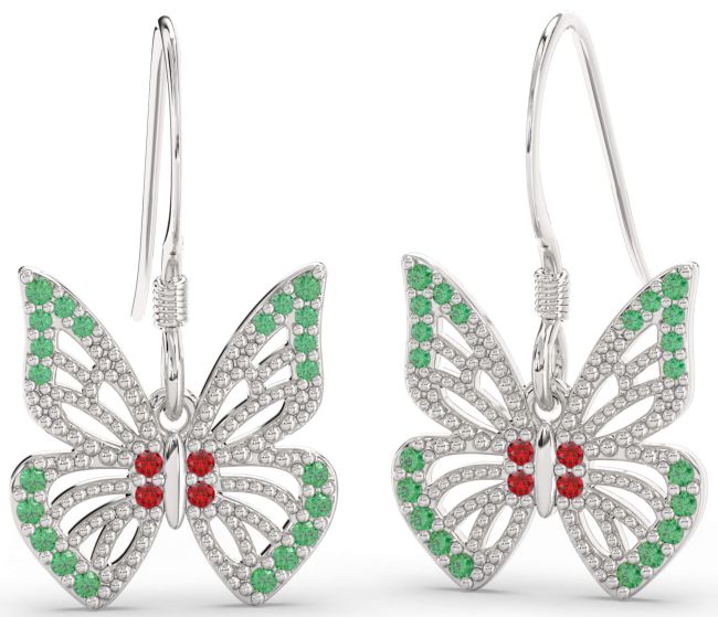 Emerald & Ruby Silver Butterfly Dangle Earrings