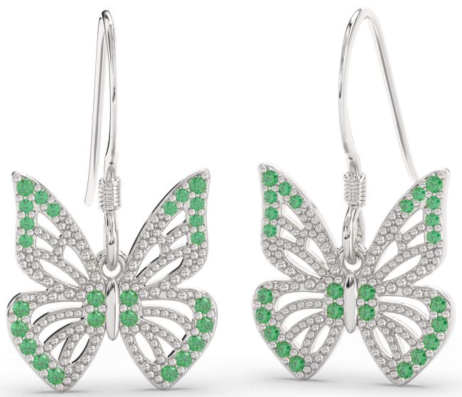 Emerald Silver Butterfly Dangle Earrings