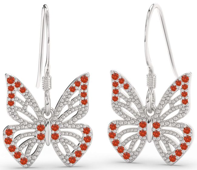 Fire Opal Platinum Butterfly Dangle Earrings