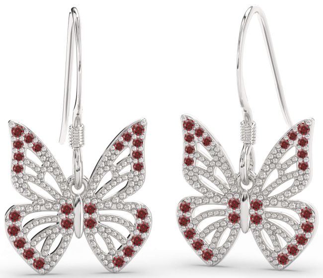 Garnet Platinum Butterfly Dangle Earrings