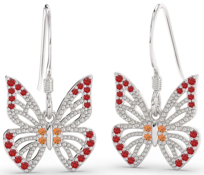 Ruby & Citrine Platinum Butterfly Dangle Earrings