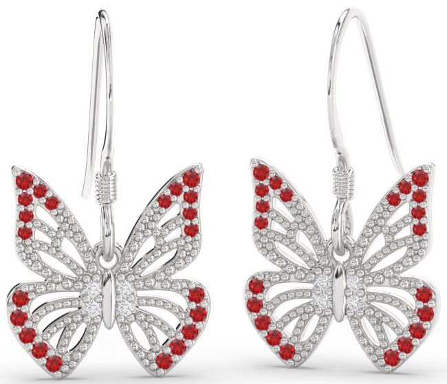 Diamond & Ruby Platinum Butterfly Dangle Earrings