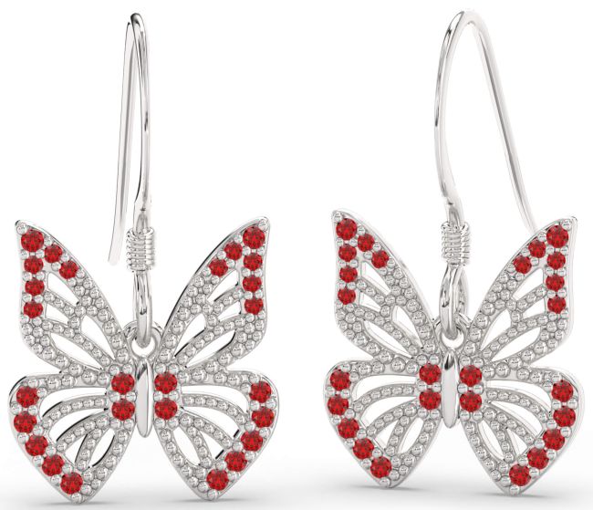 Ruby Silver Butterfly Dangle Earrings