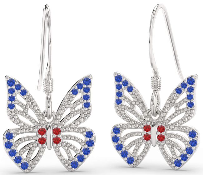 Blue Sapphire & Ruby Silver Butterfly Dangle Earrings
