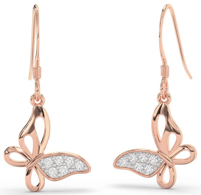 Diamond Rose Gold Silver Butterfly Dangle Earrings