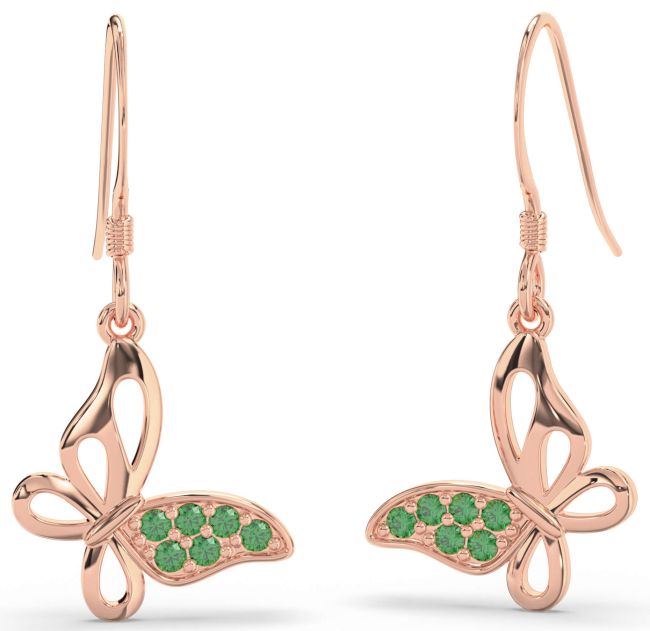 Emerald Rose Gold Butterfly Dangle Earrings