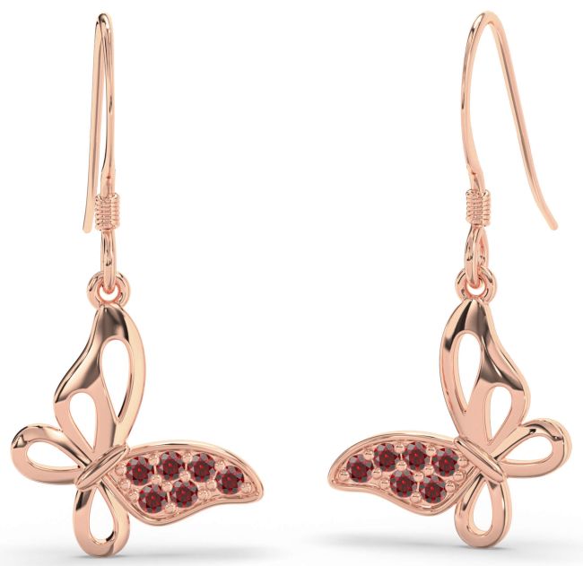 Garnet Rose Gold Butterfly Dangle Earrings