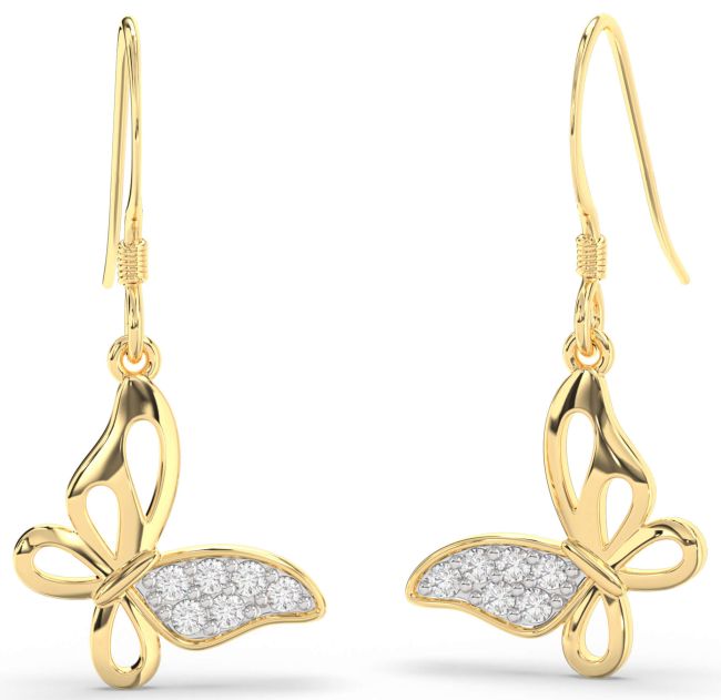 Lab Diamond Gold Silver Butterfly Dangle Earrings