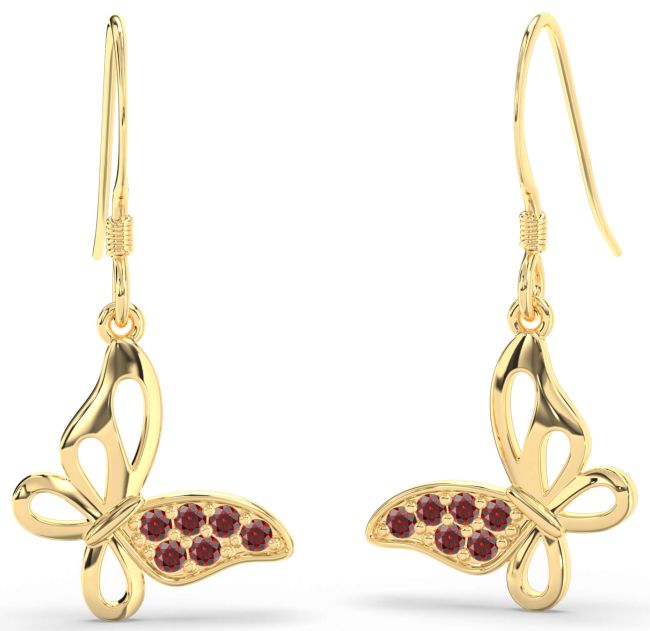 Garnet Gold Silver Butterfly Dangle Earrings