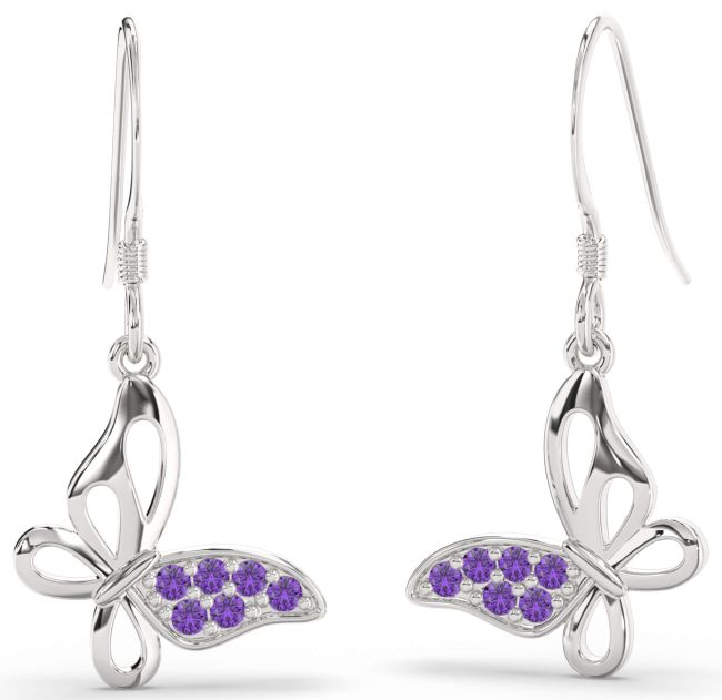 Amethyst Silver Butterfly Dangle Earrings