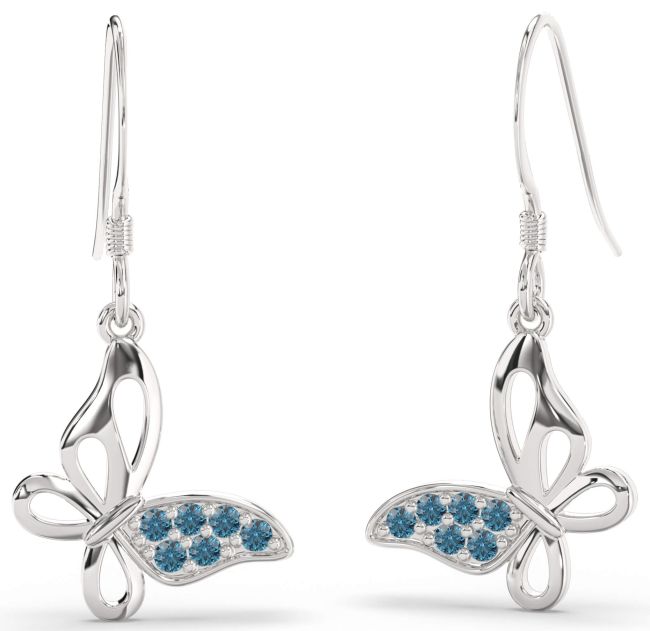 Blue Diamond Silver Butterfly Dangle Earrings