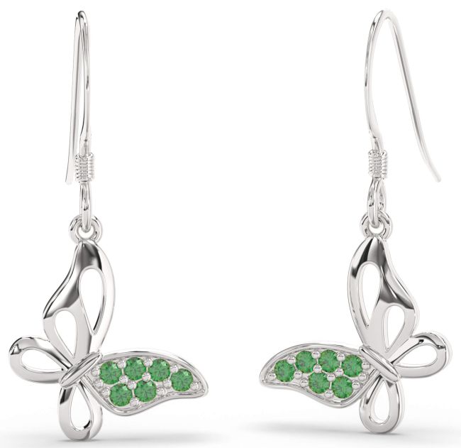 Emerald Silver Butterfly Dangle Earrings