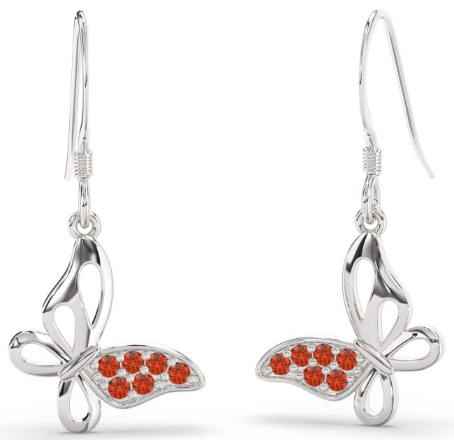 Fire Opal Platinum Butterfly Dangle Earrings