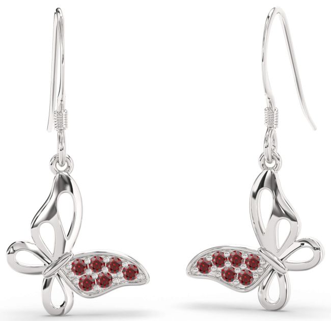 Garnet Silver Butterfly Dangle Earrings