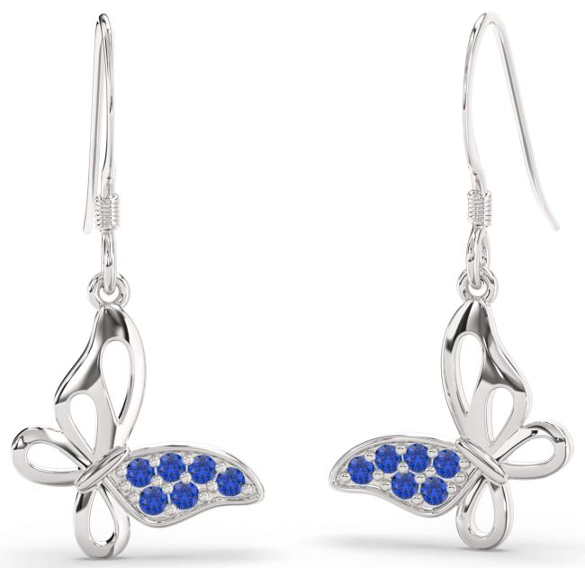 Blue Sapphire Platinum Butterfly Dangle Earrings