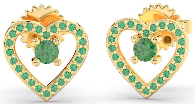 Emerald Gold Silver Heart Dangle Earrings