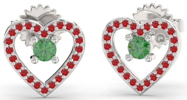 Emerald & Ruby Platinum Heart Dangle Earrings