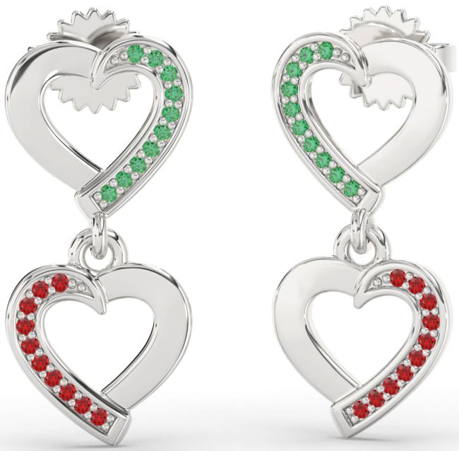 Emerald & Ruby Platinum Heart Dangle Earrings